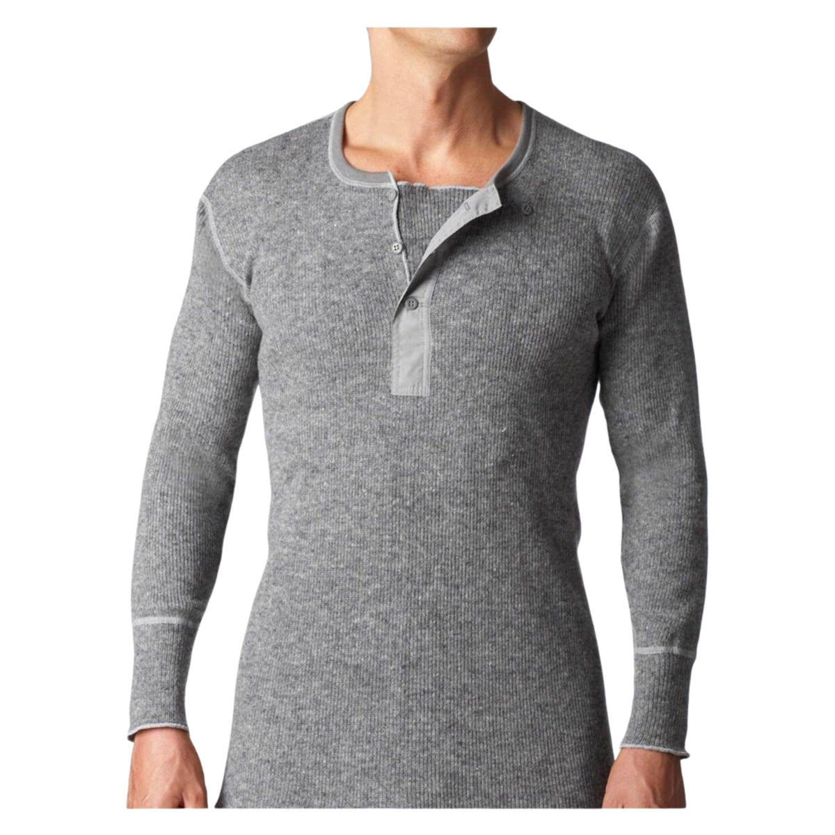 Close-up of Stanfield's 1328 heritage heavy weight wool henley in grey showing the 3-button placket
