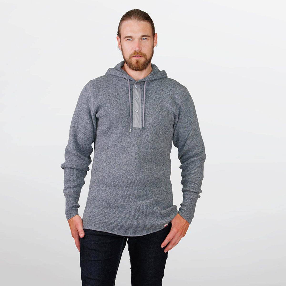 Man wearing Stanfield's 1329 heavy weight wool henley hoodie in grey, front view