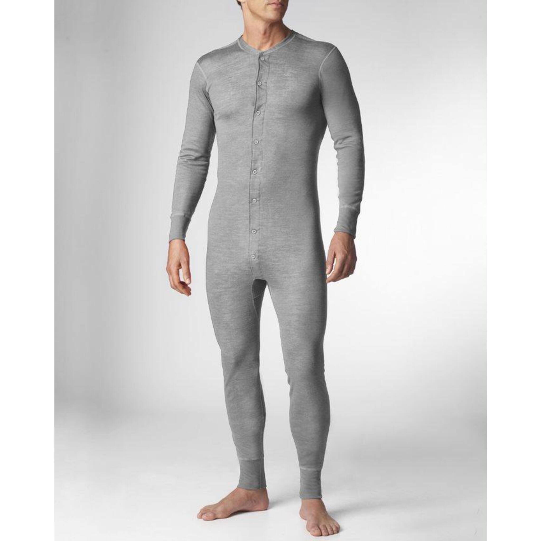 Man wearing Stanfield's 2500 100% combed cotton long underwear in grey with full button front, front view