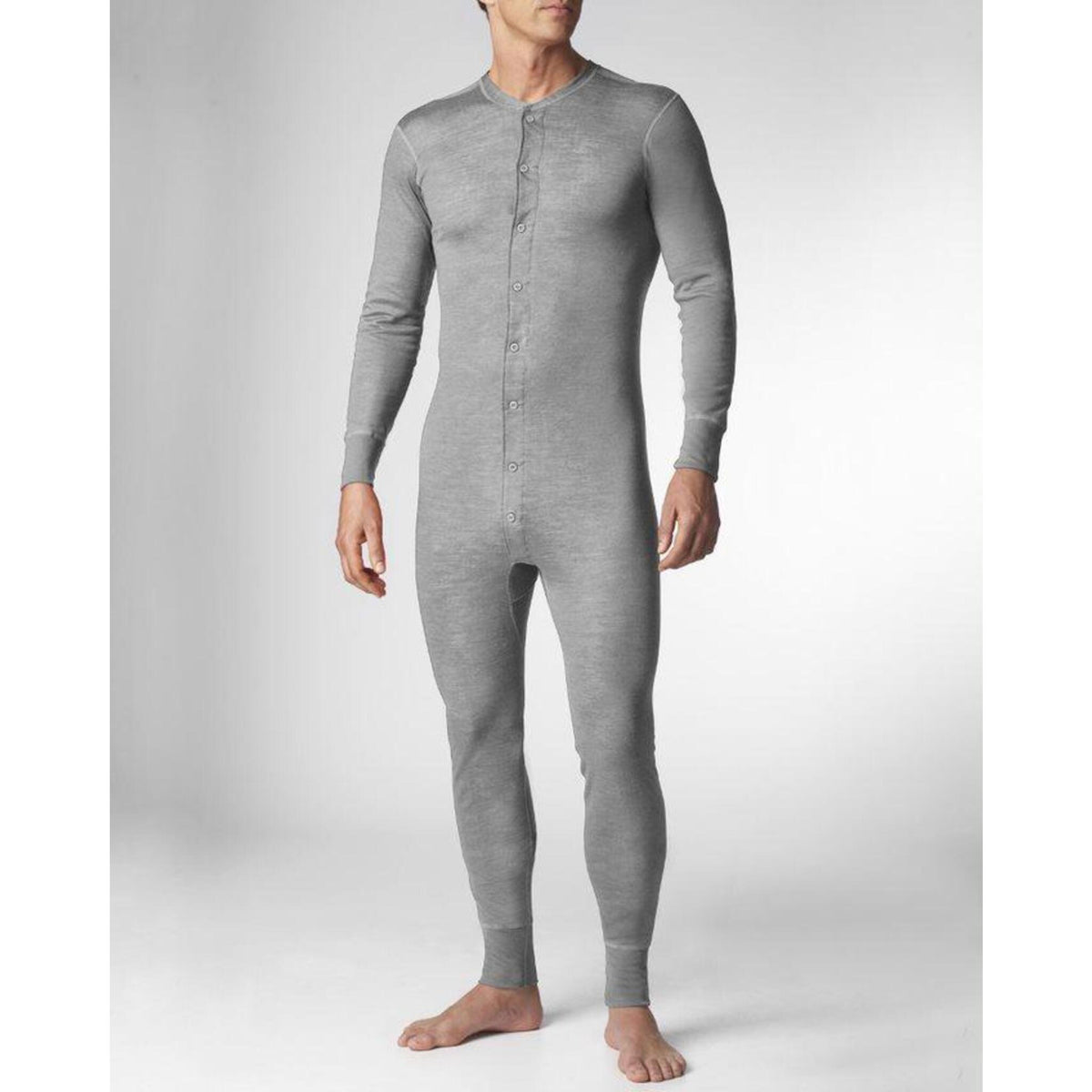 Man wearing Stanfield's 2500 100% combed cotton long underwear in grey with full button front, front view