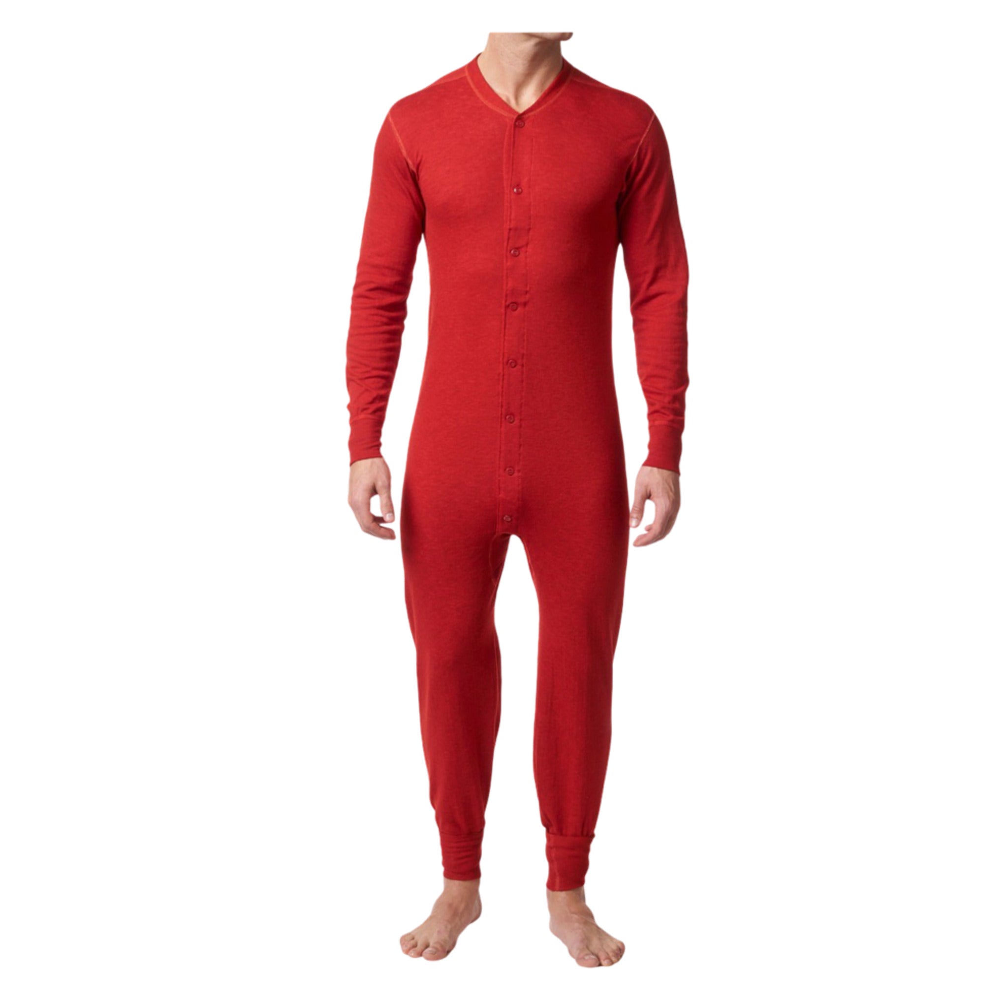 Man wearing Stanfield's 2500 100% combed cotton long underwear in red with full button front, front view