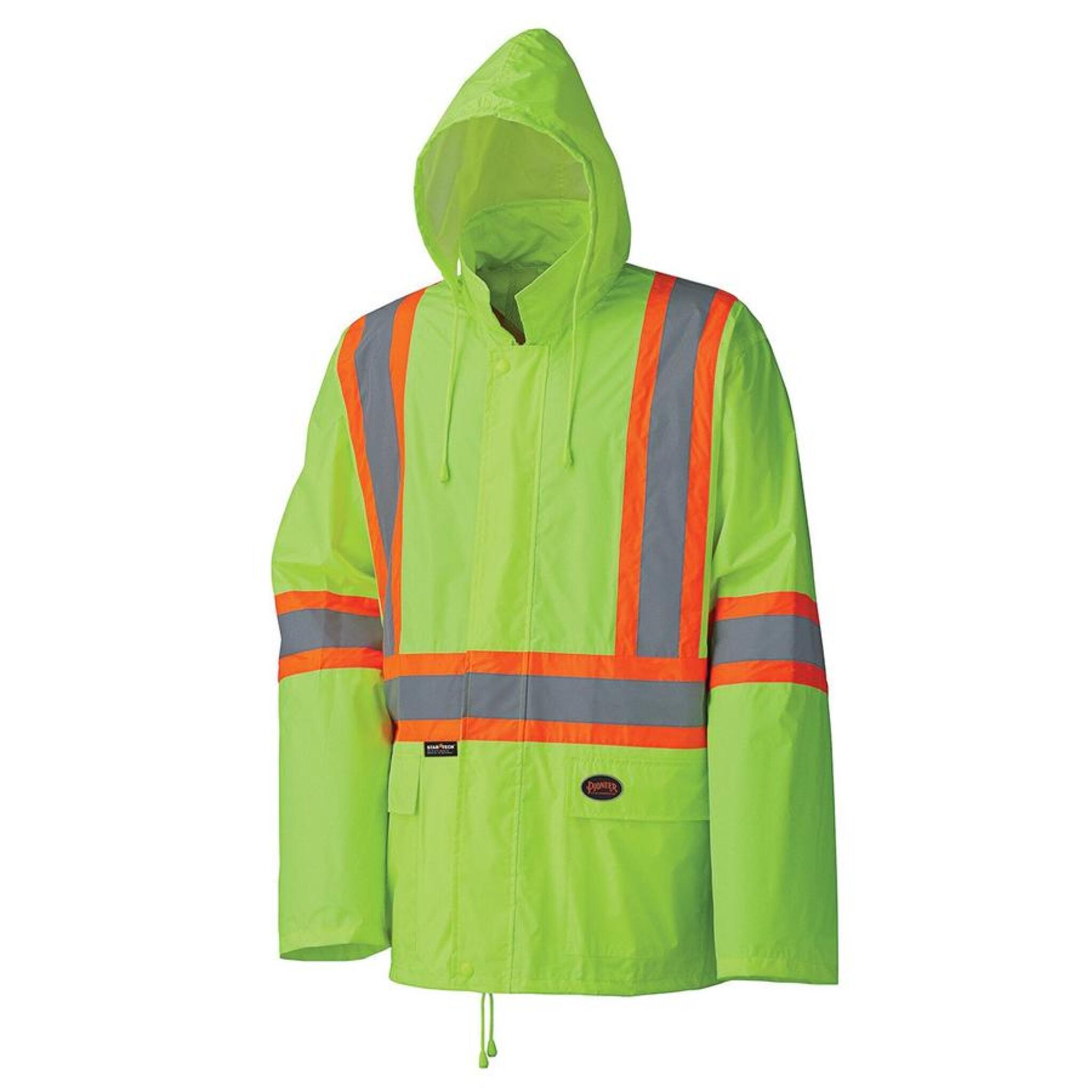 Yellow hi-vis rain jacket with orange reflective stripes