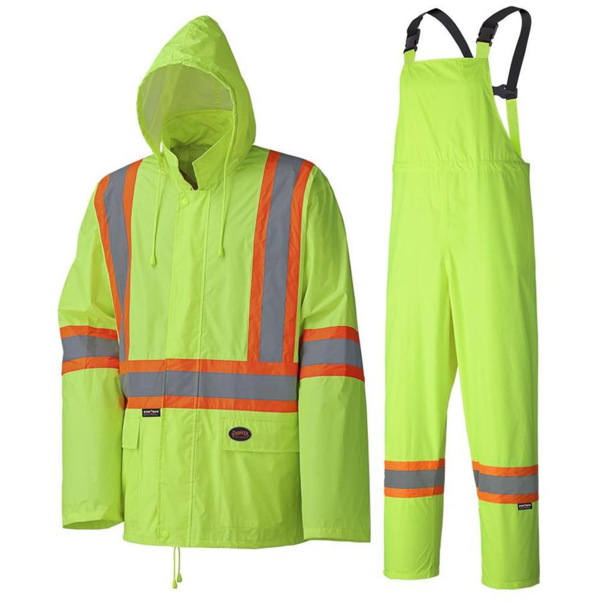 Yellow hi-vis rain suit with orange reflective stripes