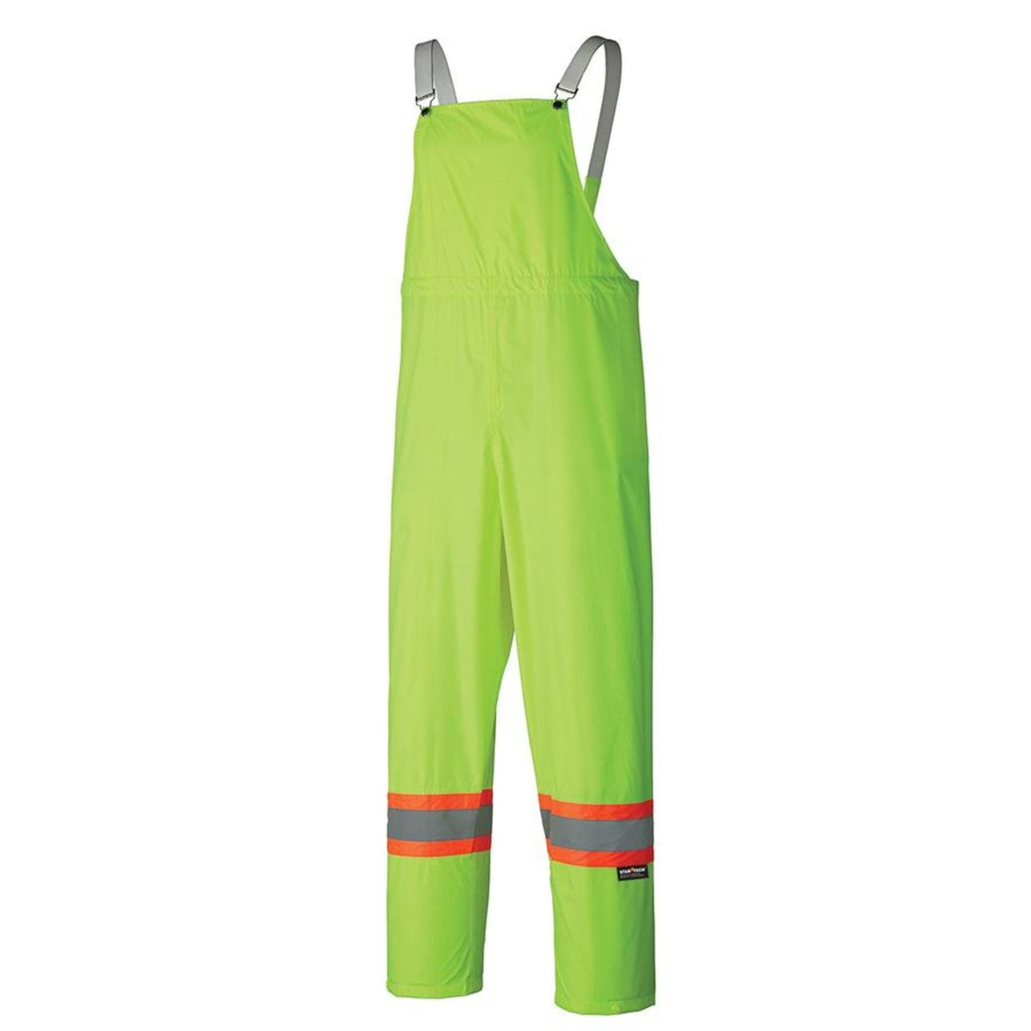 Yellow hi-vis rain bib pants with orange reflective bands