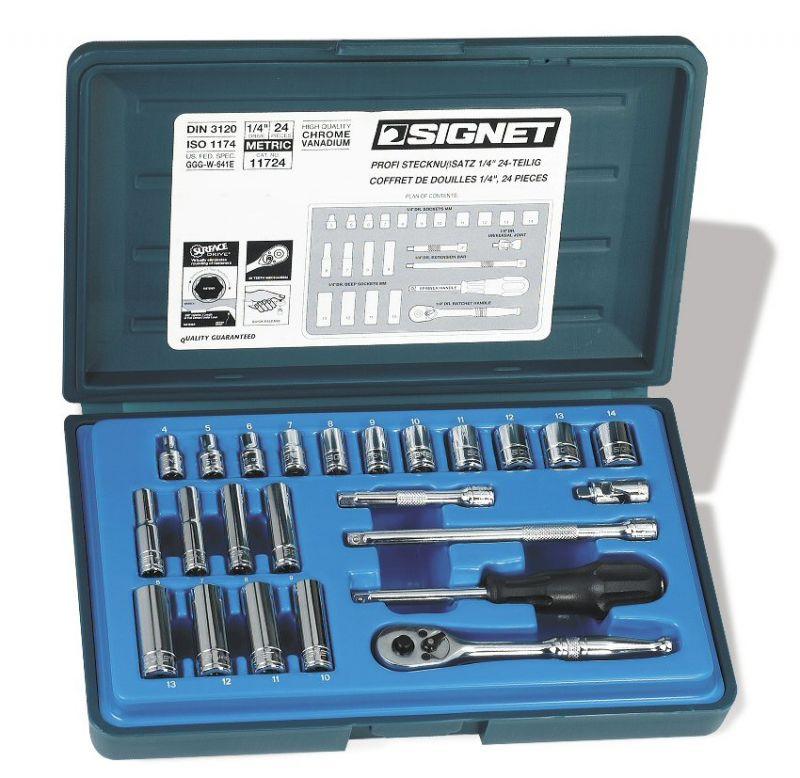 Signet 1/4" Drive 24 Piece Metric Socket Set | 4mm-14mm Regular | 6mm-13mm Deep Mechanic Tools - Cleanflow