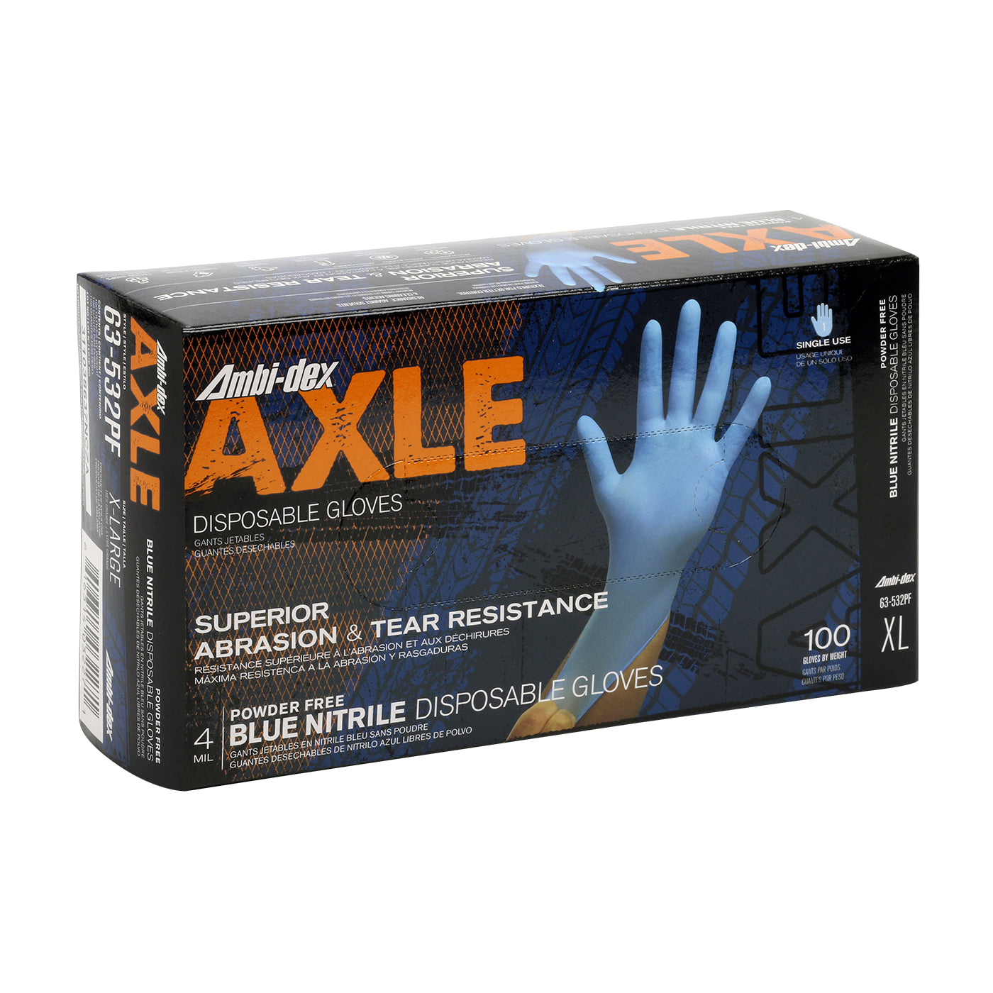 Ambi-Dex® Axle Blue Powder-Free Disposable Textured Nitrile Gloves - 4 Mil - Box of 100 Work Gloves and Hats - Cleanflow