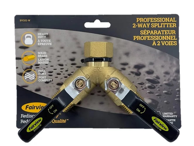 Fairview Professional 2-Way Brass Garden Hose Splitter with Full-Port Design, Long User-Friendly Handles, Highly Durable, 200 PSI, Temp -40°F to 190°F