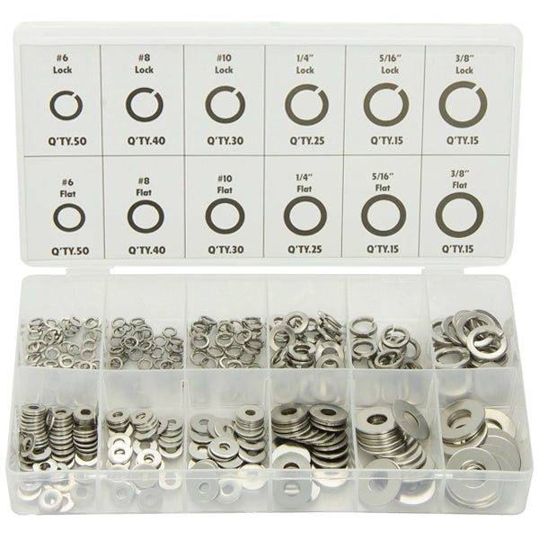 Stainless Steel Lock and Flat Washer Assortment - 350 Piece Maintenance Supplies - Cleanflow