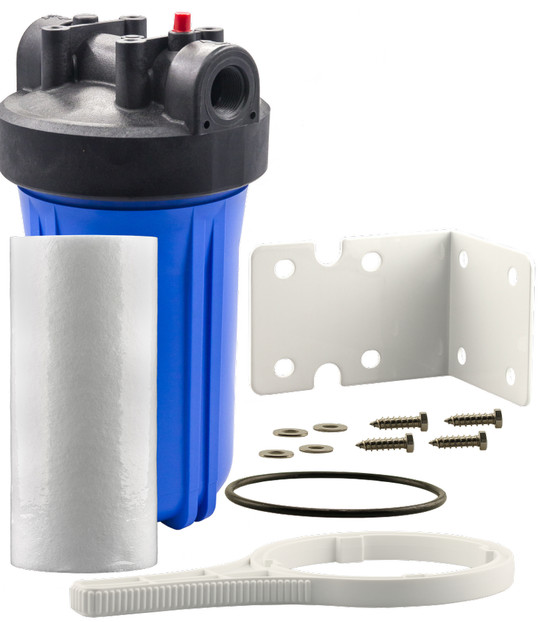 Jumbo 4.5" OD Water Filter Housing Kit with 5 Micron Sediment Filter Cartridge and Blue Sump - 10" Length