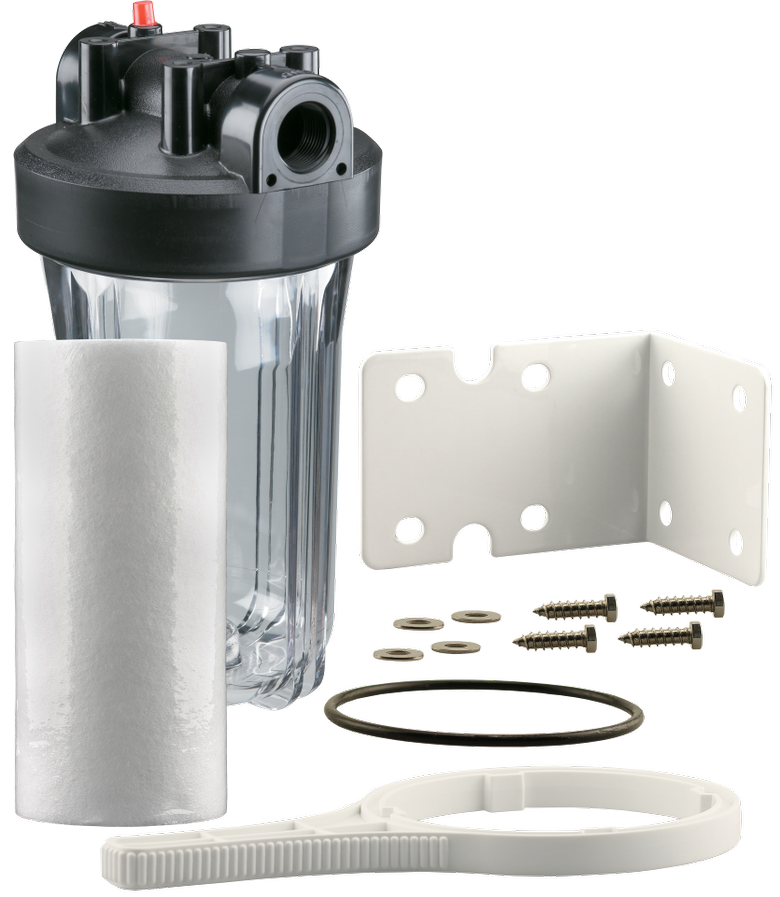 Jumbo 4.5" OD Water Filter Housing Kit with 5 Micron Sediment Filter Cartridge and Clear Sump - 10" Length