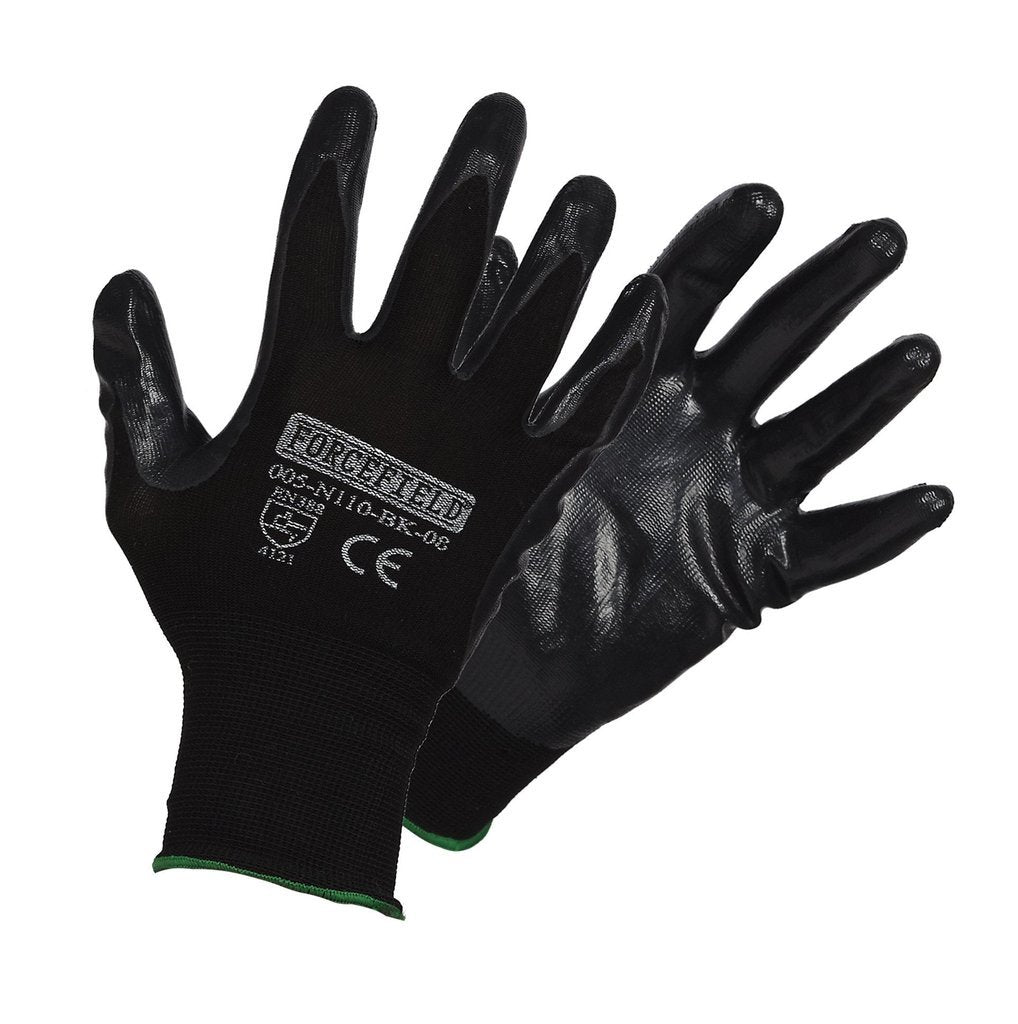 Black Seamless Knit Nylon Gloves with Nitrile Palm | M-2XL | Pack of 12 Pairs Work Gloves and Hats - Cleanflow