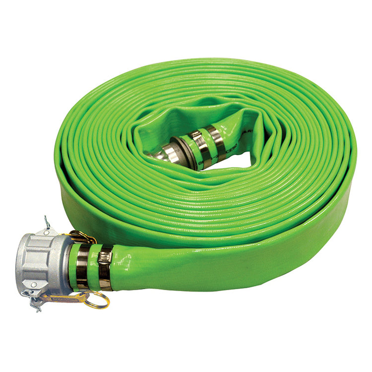 Green Phthalate-Free Layflat Discharge Hose Assemblies (w/ Male X Female Camlocks) Hose and Fittings - Cleanflow