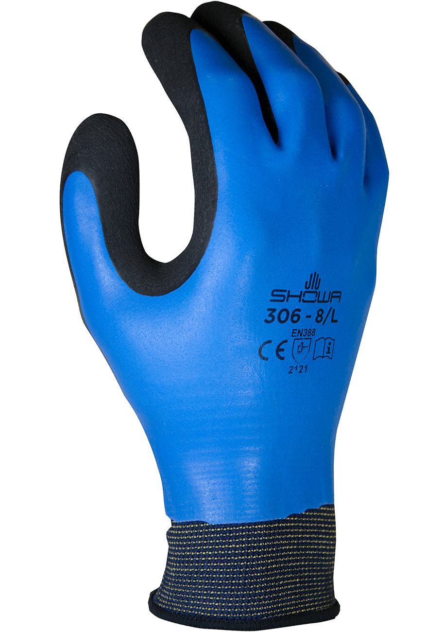 Showa 306 Blue Breathable Waterproof Latex Foam Coated Work Glove - Pack of 12 Pairs Work Gloves and Hats - Cleanflow
