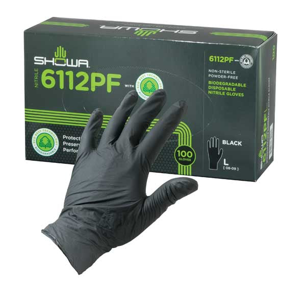 Showa 6112PF Black Nitrile 4-Mil Biodegradable Powder-Free Examination Gloves - Box of 100 Work Gloves and Hats - Cleanflow
