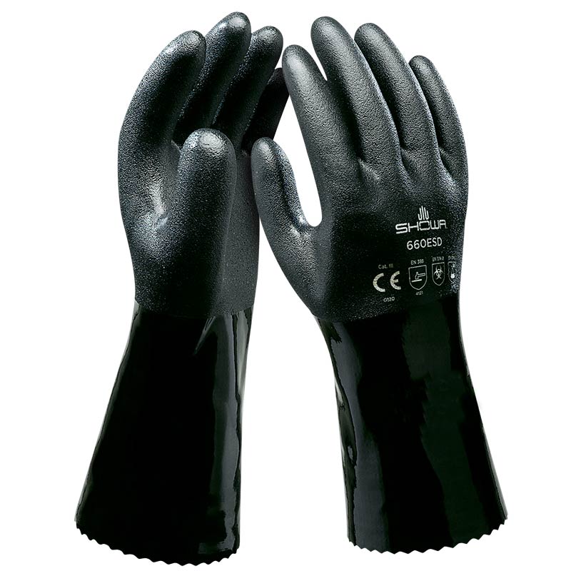 Showa 660 ESD Anti-Static Oil and Chemical Resistant Black PVC 12" Gauntlet (Pack of 12 Pairs) Work Gloves and Hats - Cleanflow
