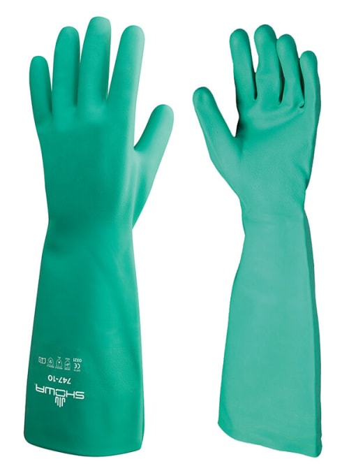 Showa 747 Unlined 22-Mil Nitrile Chemical Resistant Glove with Bisque Grip - 19" Length (Pack of 12 Pairs) Work Gloves and Hats - Cleanflow