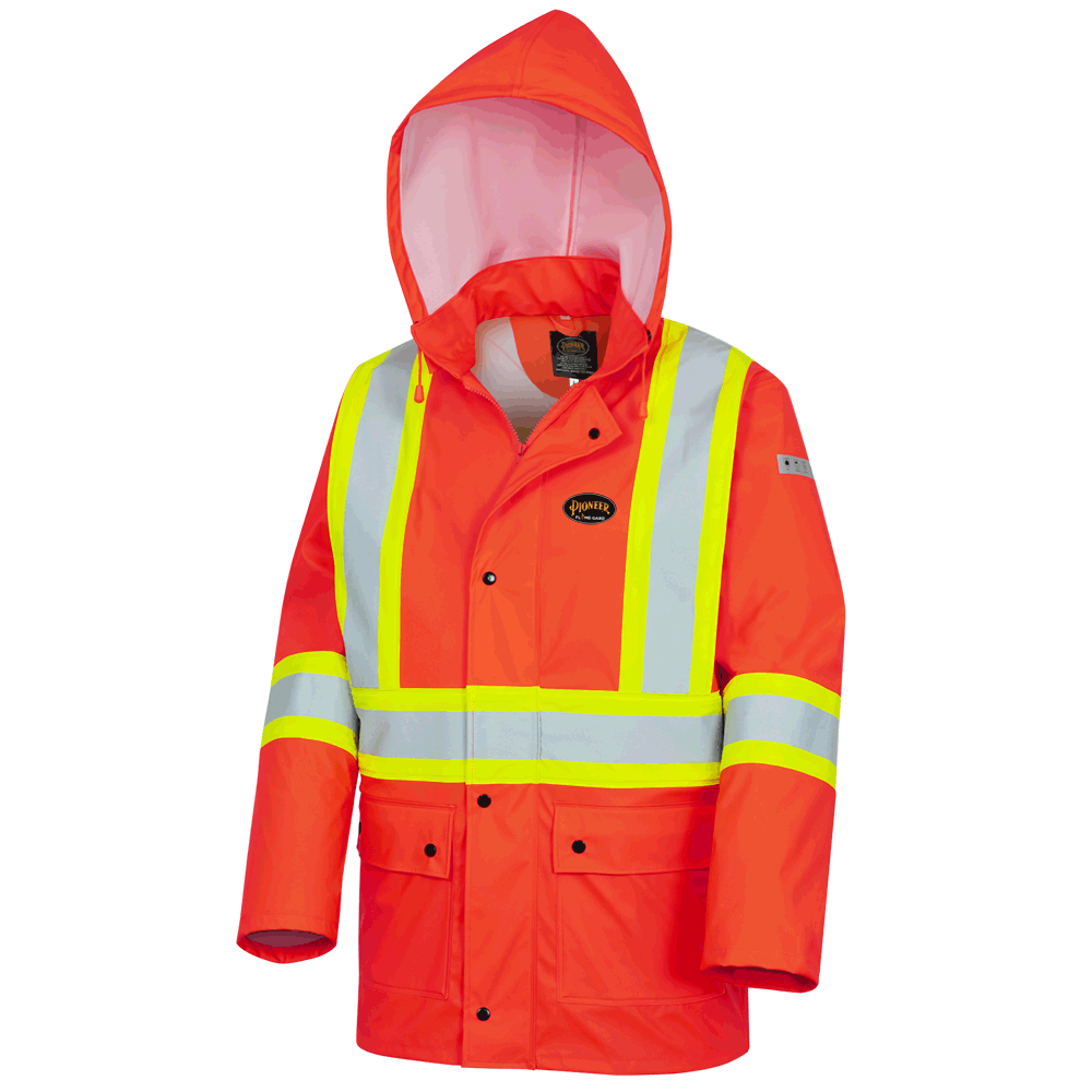 Pioneer FR/PU Hi Viz Waterproof Safety Jacket with Pockets | Orange | Sizes XS - 7XL Flame Resistant Work Wear - Cleanflow