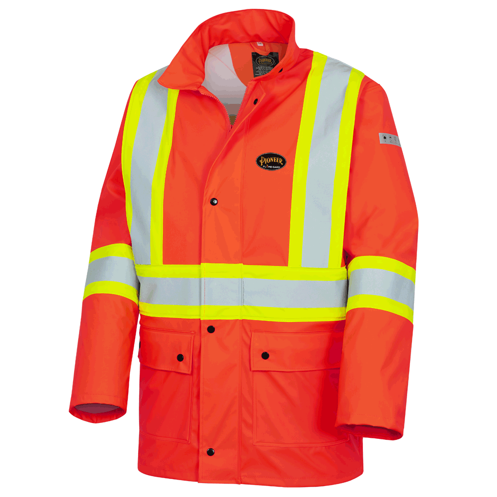 Pioneer FR/PU Hi Viz Waterproof Safety Jacket with Pockets | Orange | Sizes XS - 7XL Flame Resistant Work Wear - Cleanflow