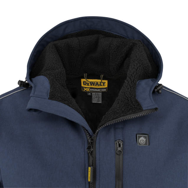 DEWALT® Men's Navy Heated Soft Shell Work Jacket with Battery – 3 Heating Zones, Waterproof, Reflective Piping, Comfortable Sherpa Lining | Sizes S-3XL