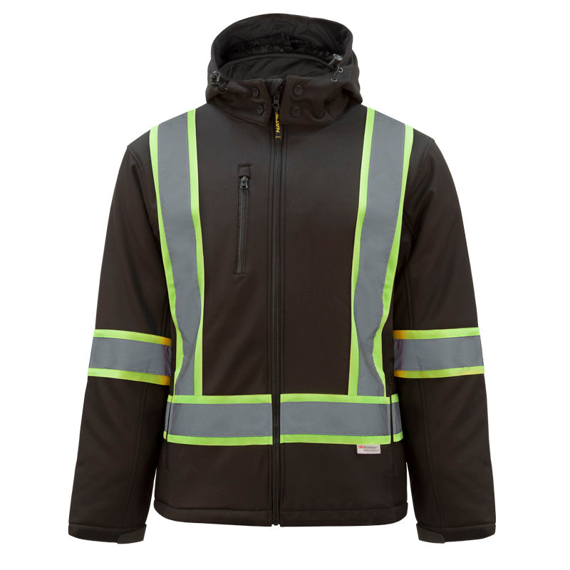 Nats Men's HV510  Hi Vis Softshell Work Jacket Waterproof Reflective with Detachable Hood Black Sizes S-3XL