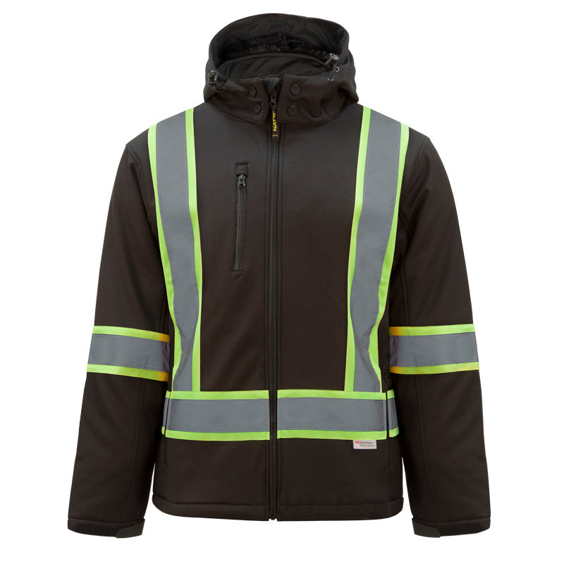 Nats Men's Hi Vis Softshell Work Jacket CSA Poly Insulated Waterproof Reflective with Detachable Hood Black Sizes S-3XL