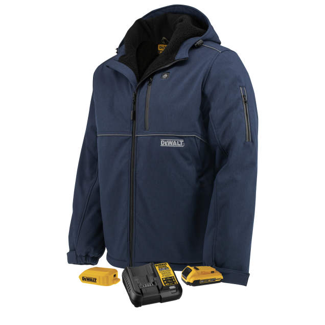 DEWALT® Men's Navy Heated Soft Shell Work Jacket with Battery – 3 Heating Zones, Waterproof, Reflective Piping, Comfortable Sherpa Lining | Sizes S-3XL